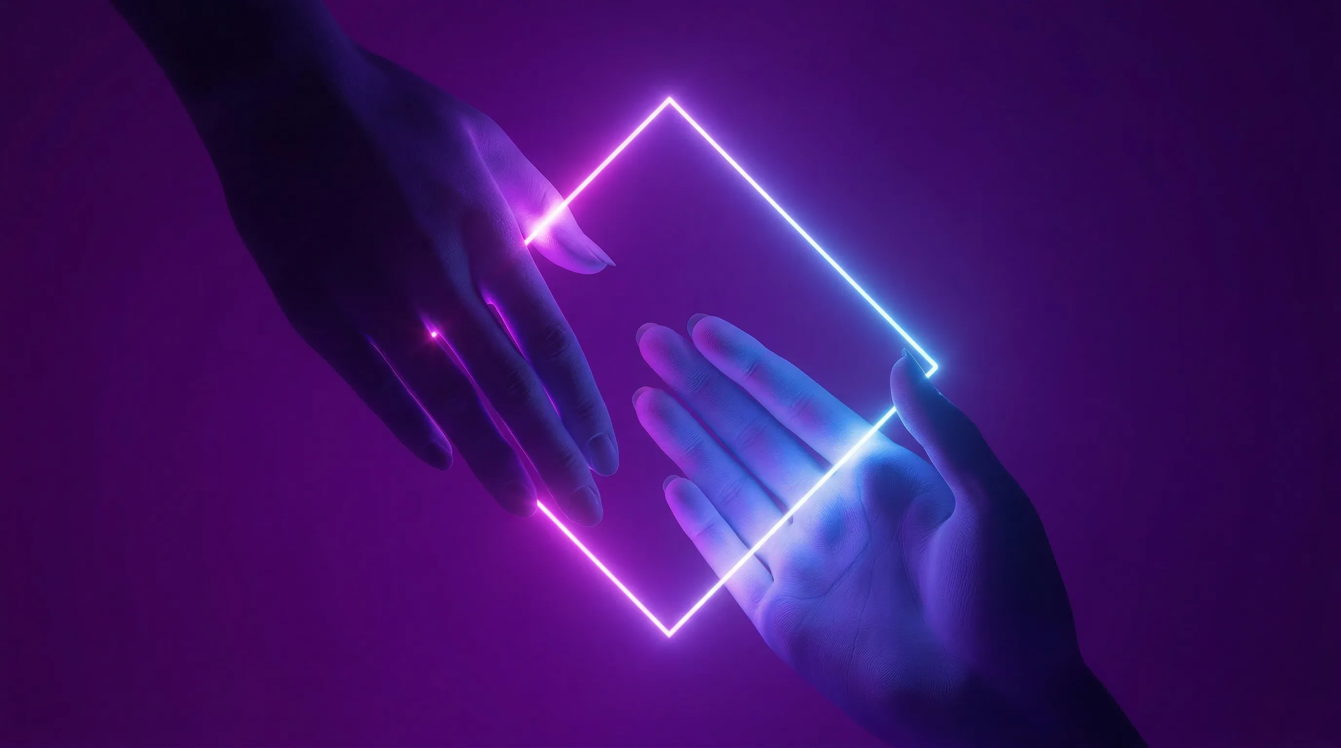 Two hands reaching toward a glowing neon portal